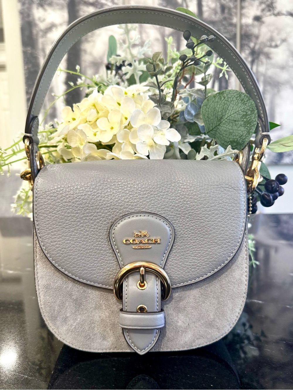 🩶COACH Gray Pebbled Leather & Suede Mini Saddle Bag with Gold Hardware